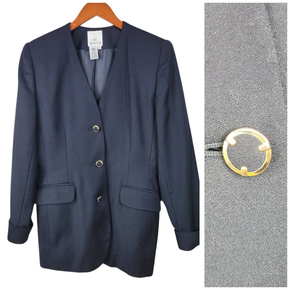 Vintage En Avance 100% Wool Blazer Jacket 10 Career Black 3 Gold Button